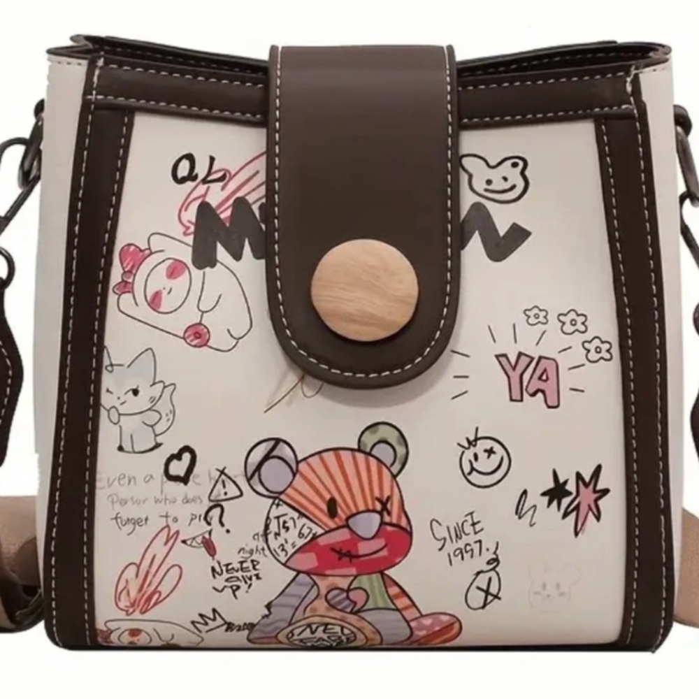 Cute Bear Doodle Bucket Crossbody Handbag NIP